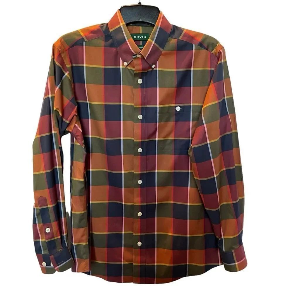 Orvis Men's Long Sleeve Button Down Shirt Rust Orange/Green Multi Plaid Medium